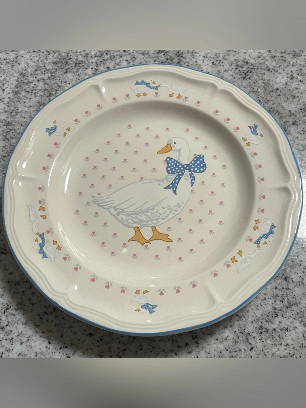 Set of 2 Brick Oven Stoneware Aunt Rhody Goose Dinner Plates Blue Trim 10.5”